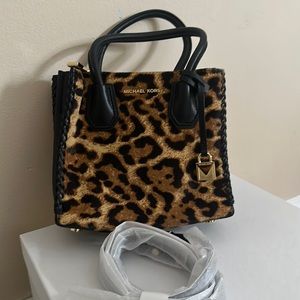 Michael Kors Mercer Crossbody Leopard Haircalf Animal Print & Black Leather